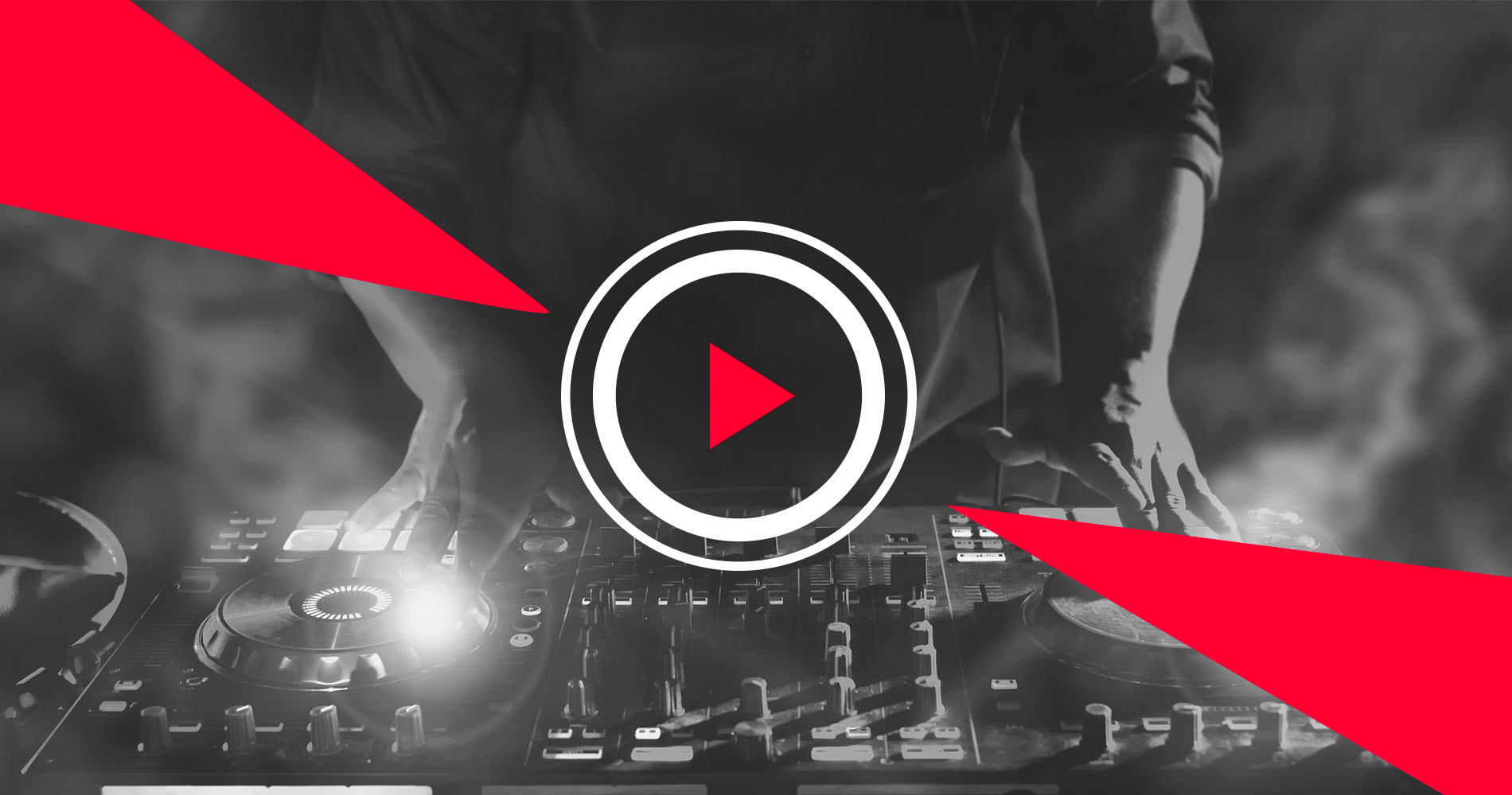 DJ mixing console with play button overlay