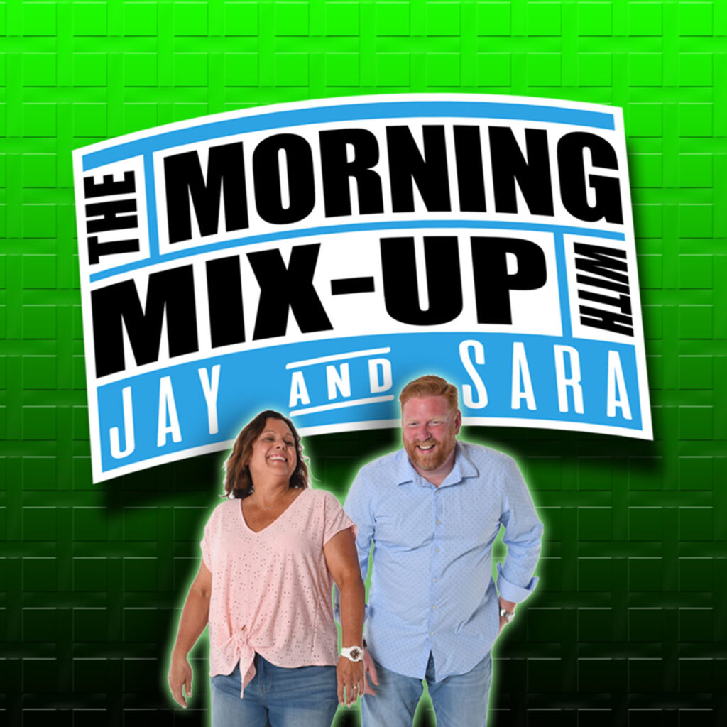 Two hosts smiling under Morning Mix-Up logo