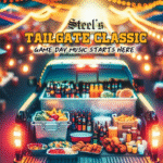 Pickup truck tailgate stocked with food and drinks